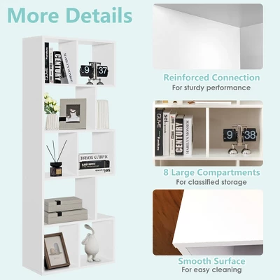 Costway 63'' Wooden 5-Tier Geometric Bookshelf S-shaped Display Shelf Stand Room Divider White 8 Costway 63'' Wooden 5-Tier Geometric Bookshelf S-shaped Display Shelf Stand Room Divider White - Image 8