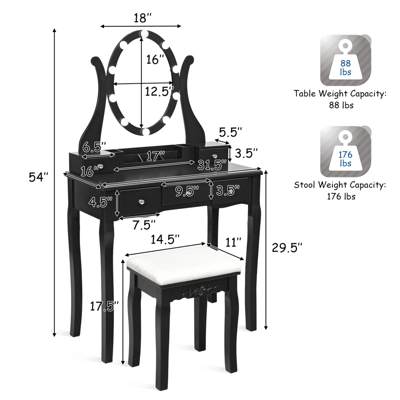Tangkula Vanity Table Makeup Dresser Desk W/LED Light Drawers & Stool Black/Brown/White 3 Tangkula Vanity Table Makeup Dresser Desk W/LED Light Drawers & Stool Black/Brown/White - Image 3