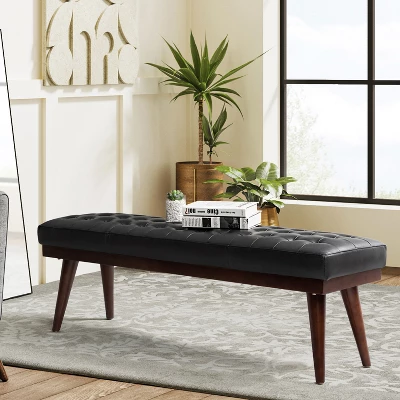 Olga 55.5" Wide Mid-century Modern Genuine Leather Bedroom Bench |ARTFUL LIVING DESIGN 2 Olga 55.5" Wide Mid-century Modern Genuine Leather Bedroom Bench |ARTFUL LIVING DESIGN - Image 2