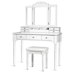 Tangkula 7 Drawers Tri-Folding Vanity Mirror Makeup Dressing Table Set W/ Necklace Hook -Living Space Shop GUEST ae27b0b2 c6bf 4ee8 b8b2 e4b9a315a001
