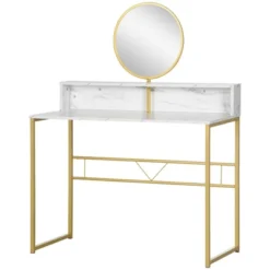 HOMCOM Modern Vanity Makeup Desk With Mirror, Dressing Table With Open Storage, Faux Marble Finish And Steel Frame For Bedroom, White And Gold -Living Space Shop GUEST af3eadda f9b1 42c1 b174 b25d988c8247