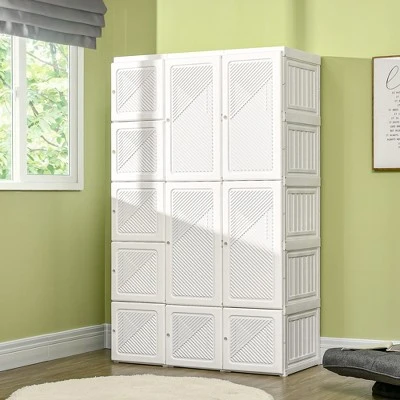 HOMCOM Portable Wardrobe Closet, Bedroom Armoire, Foldable Clothes Organizer With Cube Storage, Hanging Rods, And Magnet Doors, White 1 HOMCOM Portable Wardrobe Closet, Bedroom Armoire, Foldable Clothes Organizer With Cube Storage, Hanging Rods, And Magnet Doors, White
