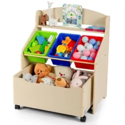 Costway Kids Wooden Toy Storage Unit Organizer W/Rolling Toy Box & Plastic Bins NaturalEspresso -Living Space Shop GUEST b1538226 2c79 451e 9800 9bc4afb4832c