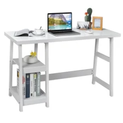 Costway Trestle Computer Desk Home Office Workstation W/Removable Shelves Vintage BlueWhite -Living Space Shop GUEST b31c079e db57 4f49 b6bd e71db7b99814