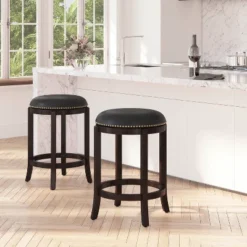 Merrick Lane 24" Backless Swivel Counter Stool, Upholstered With Nail Trim And Wooden Frame