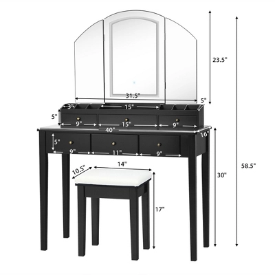 Costway Vanity Table Stool Set Large Tri-folding Lighted Mirror 6 Drawer Dresser WhiteBlack 2 Costway Vanity Table Stool Set Large Tri-folding Lighted Mirror 6 Drawer Dresser WhiteBlack - Image 2