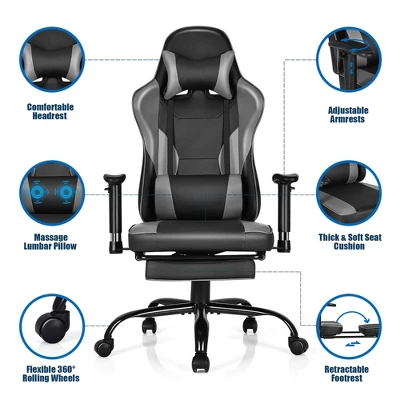 Costway Gaming Chair Racing High Back Office Chair W/ Footrest Black 7 Costway Gaming Chair Racing High Back Office Chair W/ Footrest Black - Image 7