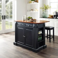 Coventry Drop Leaf Top Kitchen Island With Upholstered Square Stools Black - Crosley