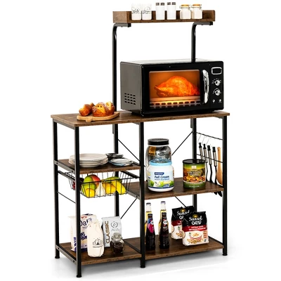 Costway 4-Tier Vintage Kitchen Baker's Rack Utility Microwave Stand W/ Basket & 5 Hooks 14 Costway 4-Tier Vintage Kitchen Baker's Rack Utility Microwave Stand W/ Basket & 5 Hooks - Image 14
