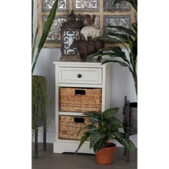 Farmhouse Wood And Wicker Basket Side Table White - Olivia & May