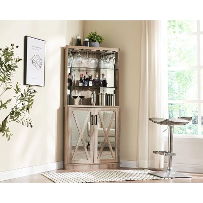 Home Source Grey Wash Corner Bar Cabinet With Mirrored Panels 4 Home Source Grey Wash Corner Bar Cabinet With Mirrored Panels - Image 4