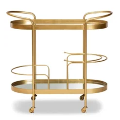 Kamal Glam Brushed Metal And Mirrored Glass 2 Tier Mobile Wine Bar Cart Gold - Baxton Studio