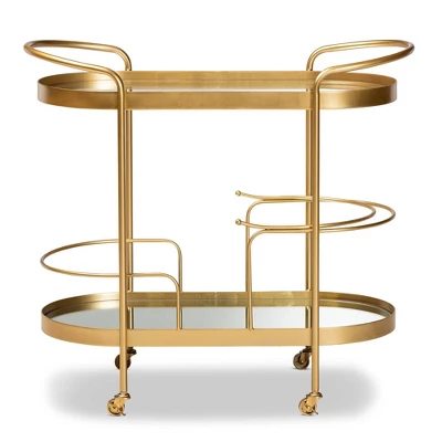 Kamal Glam Brushed Metal And Mirrored Glass 2 Tier Mobile Wine Bar Cart Gold - Baxton Studio 1 Kamal Glam Brushed Metal And Mirrored Glass 2 Tier Mobile Wine Bar Cart Gold - Baxton Studio