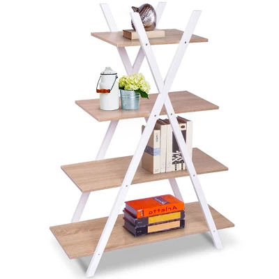 Costway 4-Tier Bookshelf Storage Display Shelves Bookcase Ladder X-Shape Brown/Black 7 Costway 4-Tier Bookshelf Storage Display Shelves Bookcase Ladder X-Shape Brown/Black - Image 7