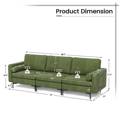 Costway Modular 3-Seat Sofa Couch W/ Socket USB Ports & Side Storage Pocket Army Green 3 Costway Modular 3-Seat Sofa Couch W/ Socket USB Ports & Side Storage Pocket Army Green - Image 3