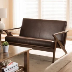 Bianca Mid-Modern Walnut Wood Distressed Faux Leather 2 Seater Loveseat Dark Brown - Baxton Studio -Living Space Shop GUEST cb9850fb ca10 4e42 8bde d6844820136b