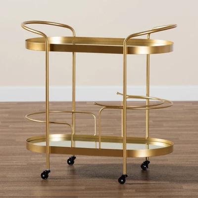 Kamal Glam Brushed Metal And Mirrored Glass 2 Tier Mobile Wine Bar Cart Gold - Baxton Studio 13 Kamal Glam Brushed Metal And Mirrored Glass 2 Tier Mobile Wine Bar Cart Gold - Baxton Studio - Image 13