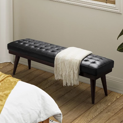 Olga 55.5" Wide Mid-century Modern Genuine Leather Bedroom Bench |ARTFUL LIVING DESIGN 3 Olga 55.5" Wide Mid-century Modern Genuine Leather Bedroom Bench |ARTFUL LIVING DESIGN - Image 3