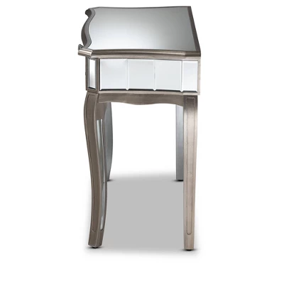 Elgin Brushed Wood And Mirrored Glass 1 Drawer Console Table Silver/Mirror - Baxton Studio 3 Elgin Brushed Wood And Mirrored Glass 1 Drawer Console Table Silver/Mirror - Baxton Studio - Image 3