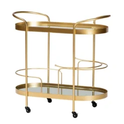 Kamal Glam Brushed Metal And Mirrored Glass 2 Tier Mobile Wine Bar Cart Gold - Baxton Studio 24 Kamal Glam Brushed Metal And Mirrored Glass 2 Tier Mobile Wine Bar Cart Gold - Baxton Studio -Living Space Shop GUEST de442c1b 7362 4bd1 8b2e ff4632c874fc