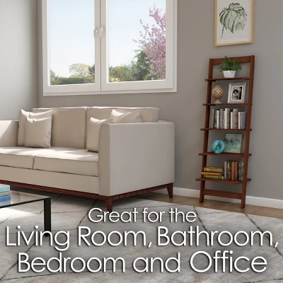 Hastings Home 5-Tier Wooden Ladder-Style Bookcase, Walnut Finish 4 Hastings Home 5-Tier Wooden Ladder-Style Bookcase, Walnut Finish - Image 4