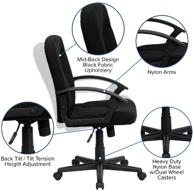 Emma And Oliver Mid-Back Fabric Executive Swivel Office Chair With Nylon Arms 2 Emma And Oliver Mid-Back Fabric Executive Swivel Office Chair With Nylon Arms - Image 2