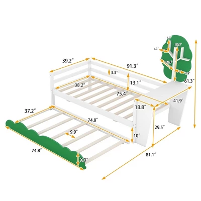 Twin Size Daybed With Desk, Green Tree Shape Shelves-ModernLuxe 2 Twin Size Daybed With Desk, Green Tree Shape Shelves-ModernLuxe - Image 2
