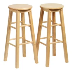 PJ Wood Classic Round Seat 29" Tall Kitchen Counter Stools For Homes, Dining Spaces, And Bars With Backless Seats & 4 Square Legs, Natural (Set Of 10)