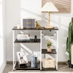 Costway Industrial Kitchen Baker's Rack Microwave Stand Utility Home Shelf W/ 6 Hooks