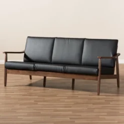 Venza Mid-Modern Walnut Wood Faux Leather 3 Seater Sofa Black - Baxton Studio -Living Space Shop GUEST f16218f9 5a18 4a1a a1dd 412e20eb8d76
