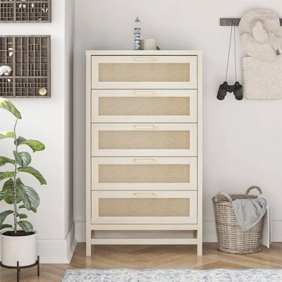 Latta 5 Drawer Dresser Ivory Oak/Faux Rattan - Room & Joy 1 Latta 5 Drawer Dresser Ivory Oak/Faux Rattan - Room & Joy