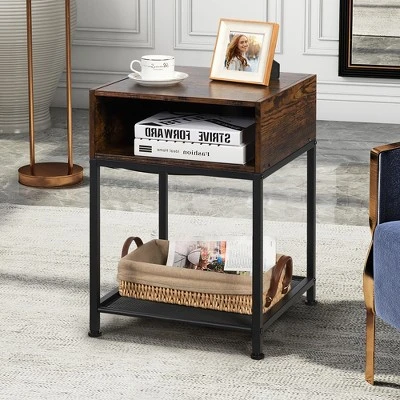 Costway Set Of 2 Industrial Nightstand End Side Table W/ Compartment & Mesh Shelf 1 Costway Set Of 2 Industrial Nightstand End Side Table W/ Compartment & Mesh Shelf