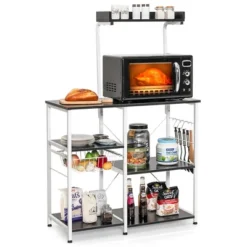Costway 4-Tier Vintage Kitchen Baker's Rack Utility Microwave Stand W/ Basket & 5 Hooks 26 Costway 4-Tier Vintage Kitchen Baker's Rack Utility Microwave Stand W/ Basket & 5 Hooks -Living Space Shop GUEST fba57f11 0245 40ff a880 ac62c9016286